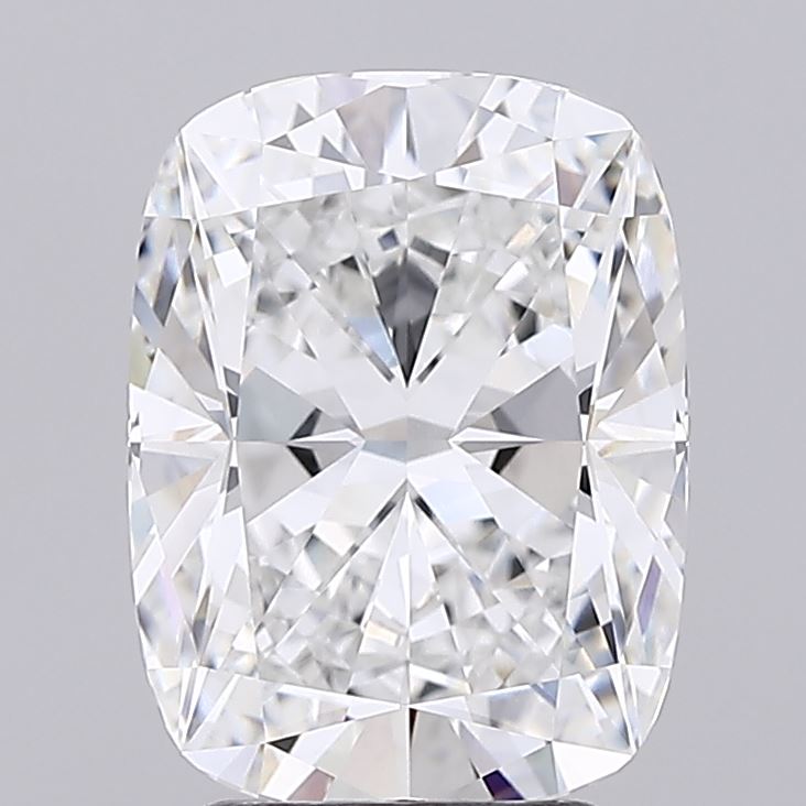 3.52 Close-up of a brilliant-cut cushion diamond with dazzling clarity and sparkle against a soft gray background.