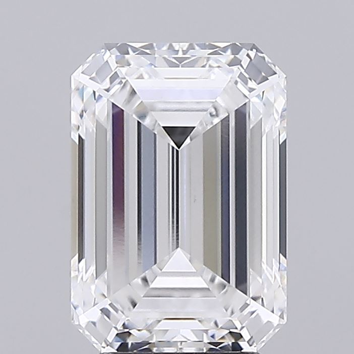 3.79 A clear, sparkling emerald-cut diamond, showcasing its intricate facets and radiant clarity against a soft gray background.