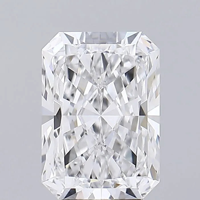 3.83 A close up of a radiant cut diamond with multiple facets on a grey background.