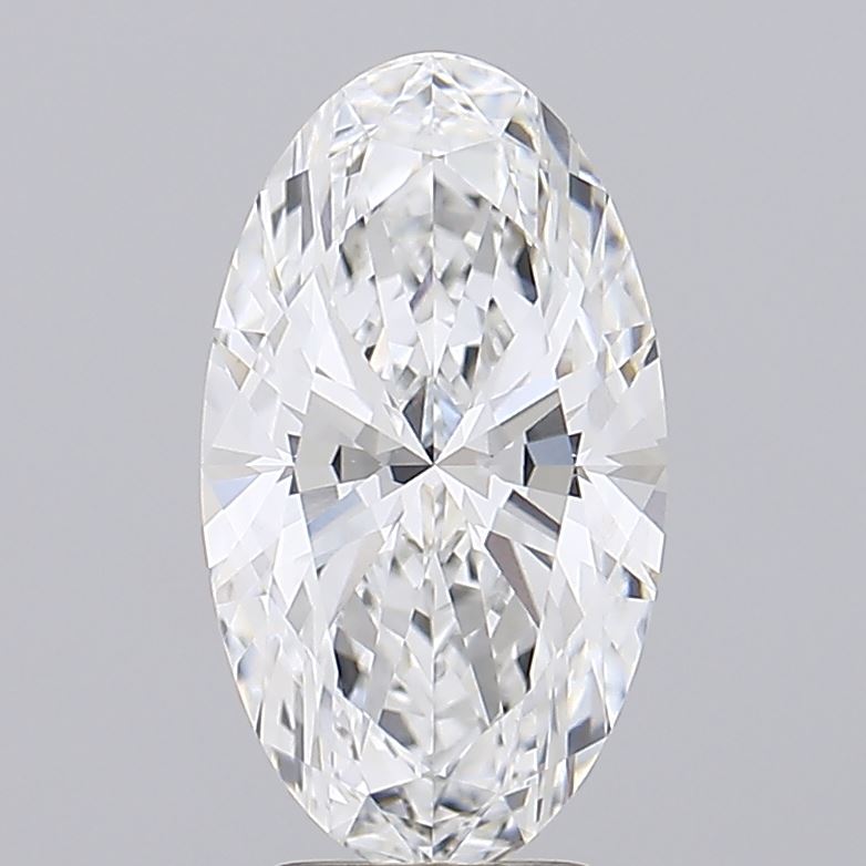 3.85 A stunning, oval-cut diamond glistens with clarity and brilliance, showcasing its intricate facets against a soft gray background.