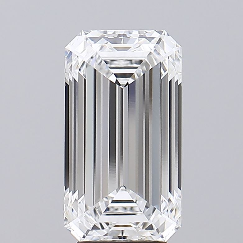 4.35 A large, sparkling rectangular diamond, showcasing brilliant facets and clarity against a light gray background.