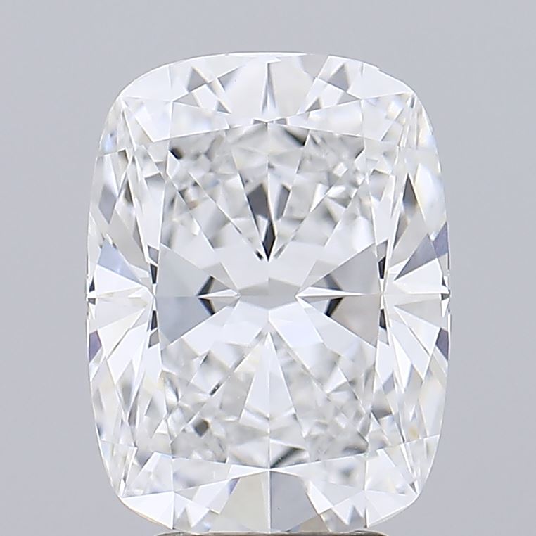 4.58 A sparkling, rectangular cushion-cut diamond displays brilliant facets and a crystal-clear appearance against a soft grey background.