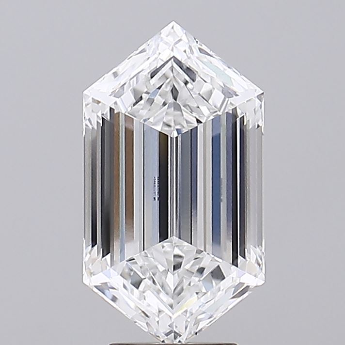 4.99 A hexagon-shaped diamond with a step cut, exhibiting high clarity and brilliance against a plain gray background, conveying elegance and precision.
