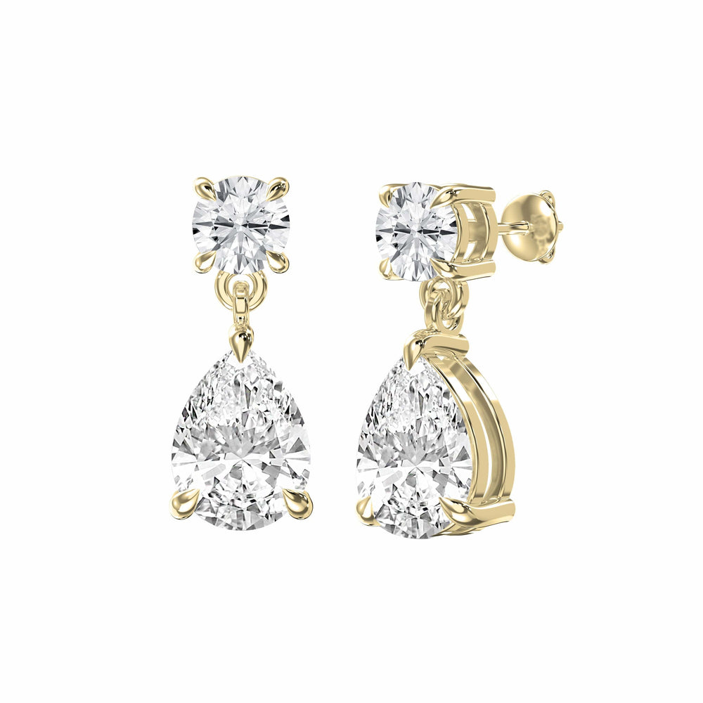 5ct lab grown diamond drop earrings set in 14k yellow gold with round and pear-shaped stones