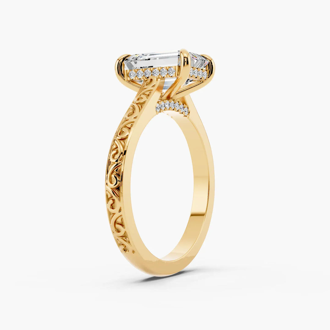 Bowery Setting Emerald cut engagement ring in yellow gold persp