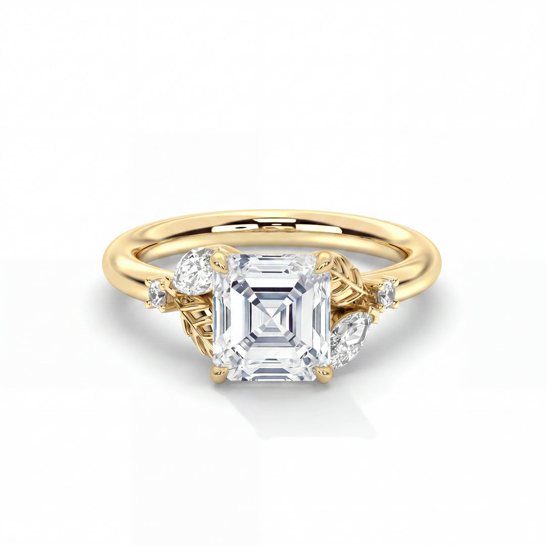 Blossom Setting in 14K Yellow Gold with asscher-cut center stone and sculpted leaf accents