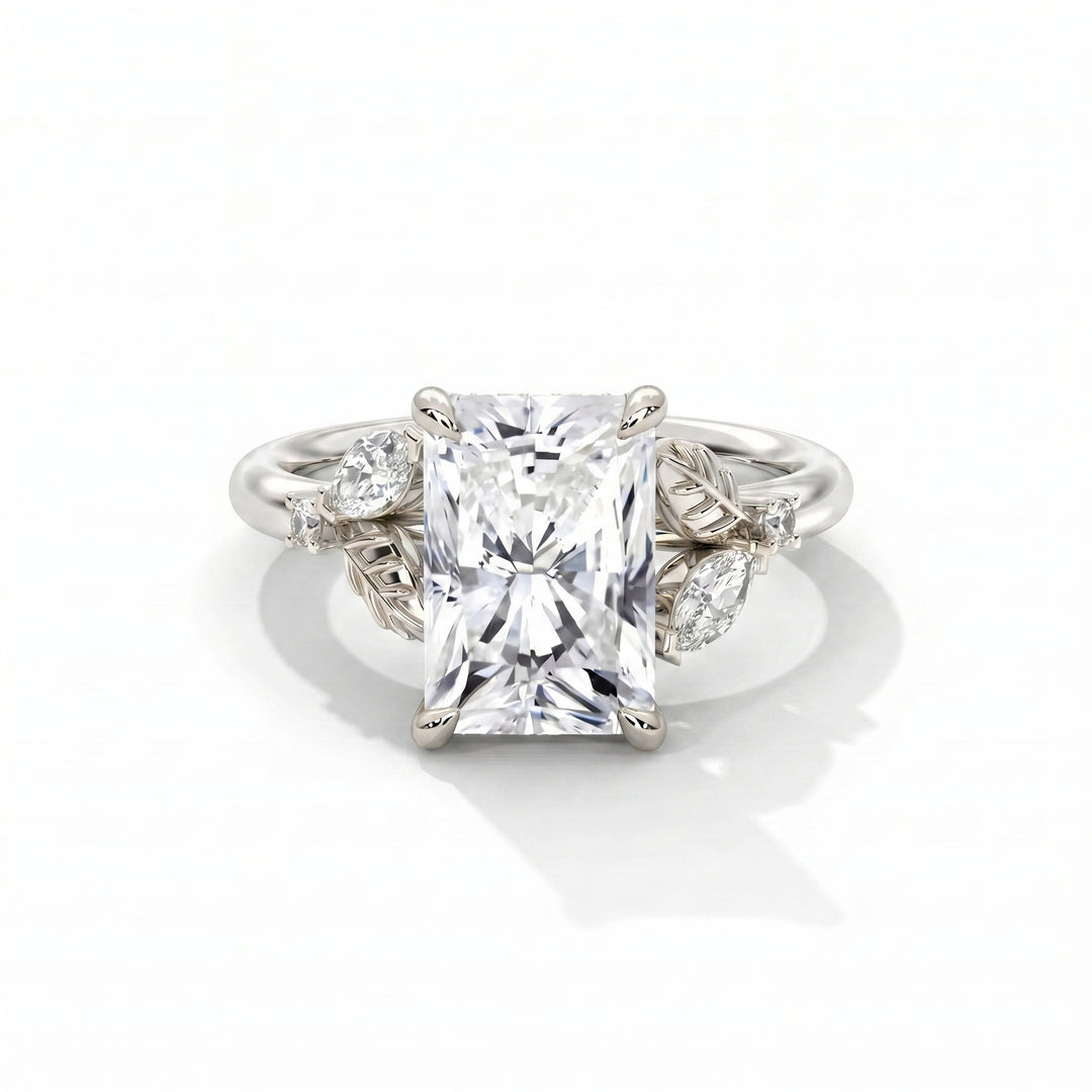 Blossom Setting in 14K White Gold with radiant-cut center stone and sculpted leaf accents