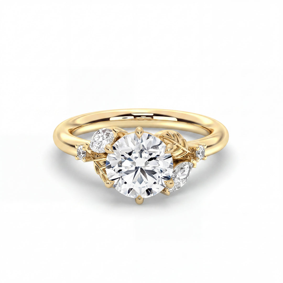 Blossom Setting in 14K Yellow Gold with round-cut center stone and sculpted leaf accents