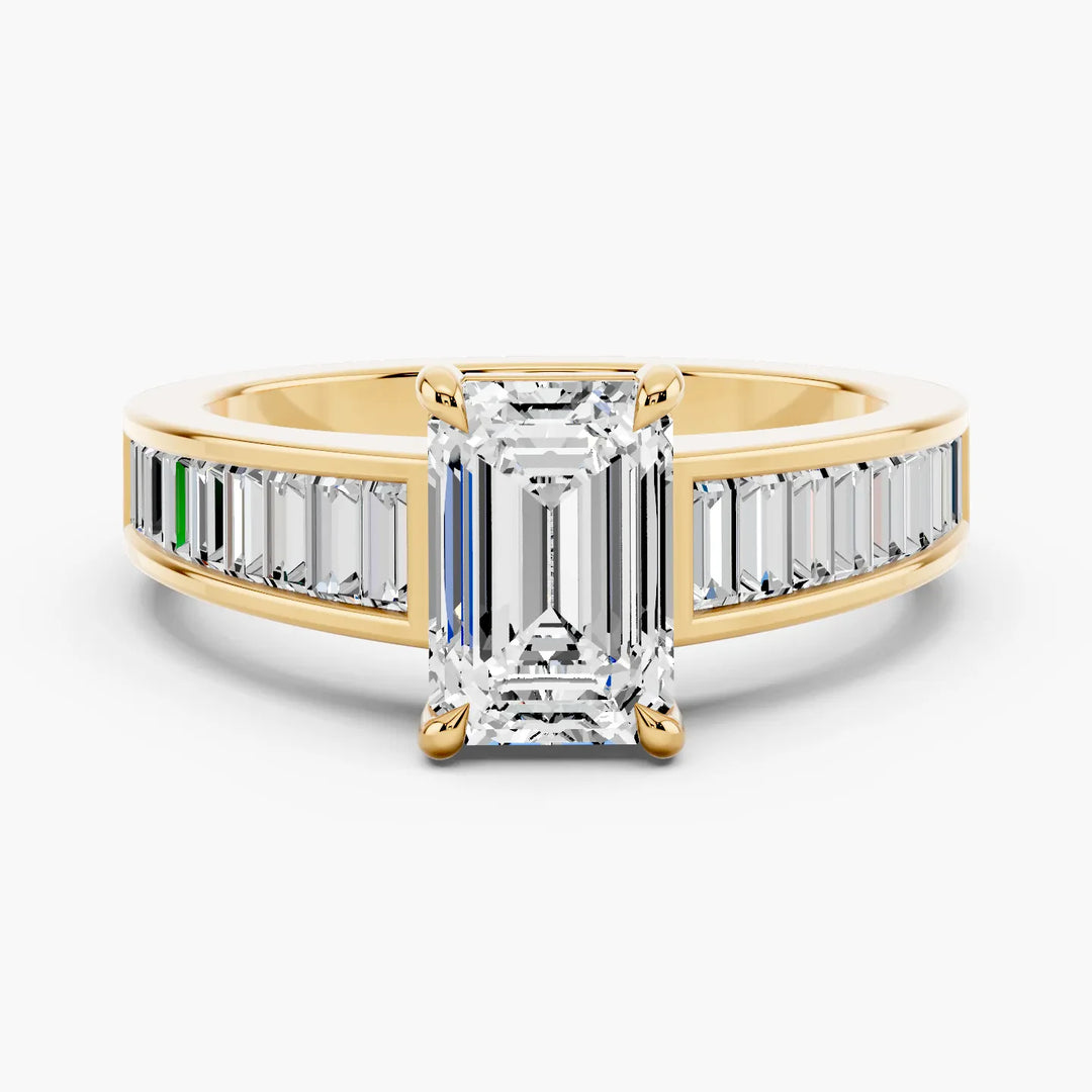 Channel Setting Emerald cut engagement ring in yellow gold