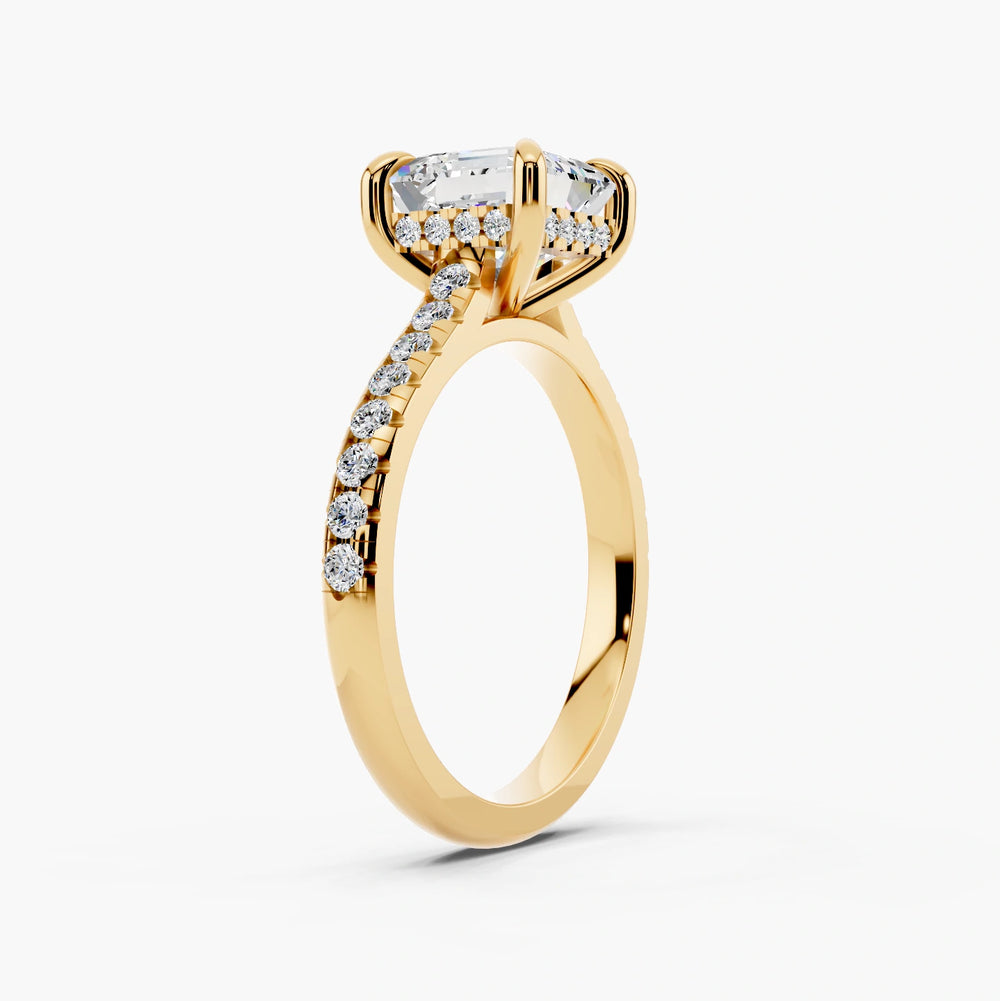 Asscher yellow gold setting, angled view