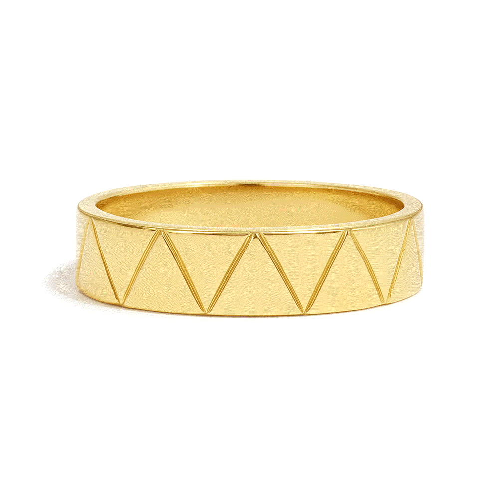 The Apex Wedding Band gold ring with geometric pattern and polished finish