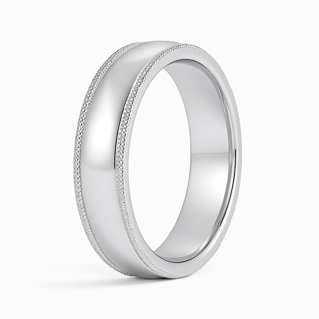 Silver ring with a textured band on a white background