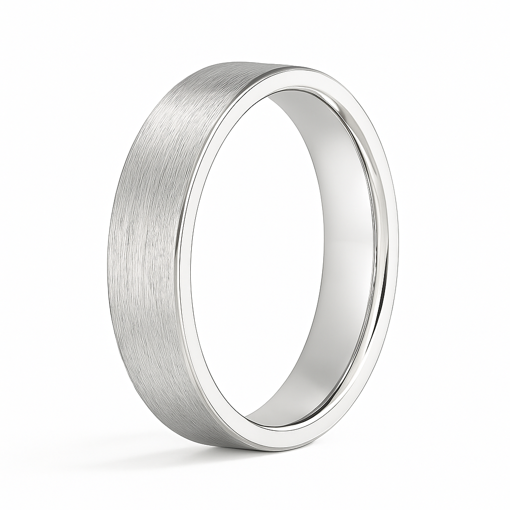 Silver ring with a brushed finish on a white background