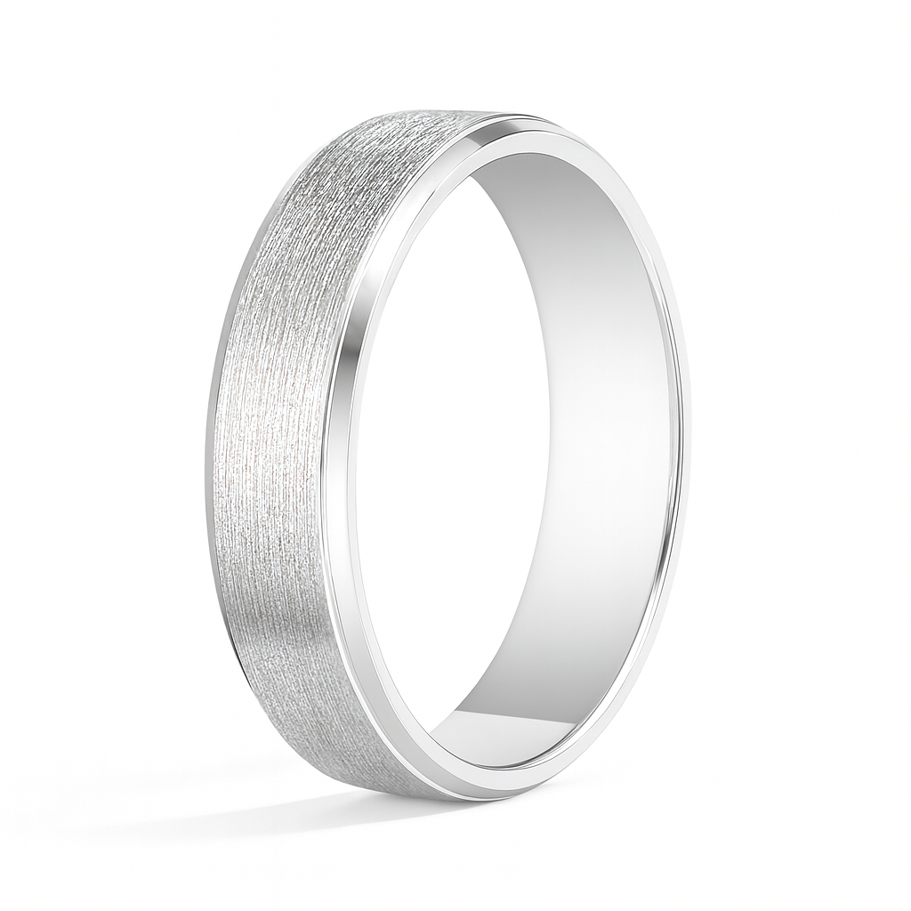 Silver ring with a brushed finish on a white background