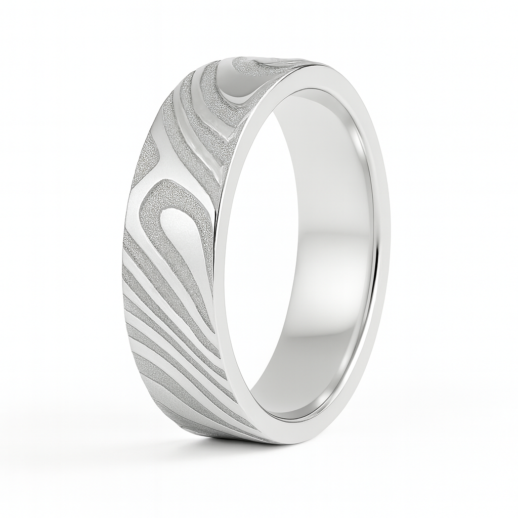Silver ring with a textured pattern on a white background