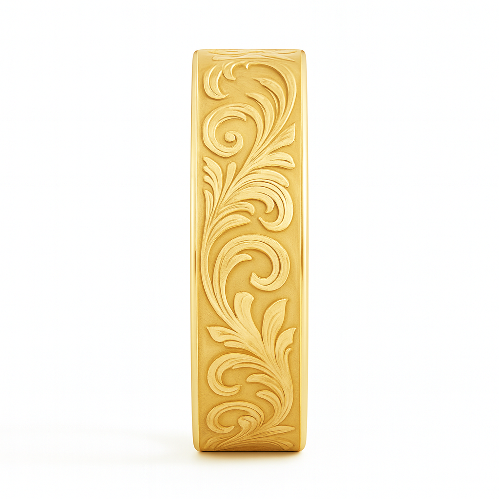 Gold bar with intricate floral engraving on a white background