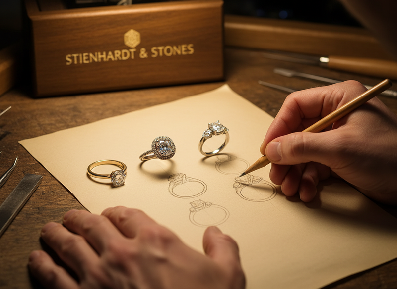 Jeweler sketching engagement ring settings on parchment with solitaire, halo, and three-stone rings on a workbench