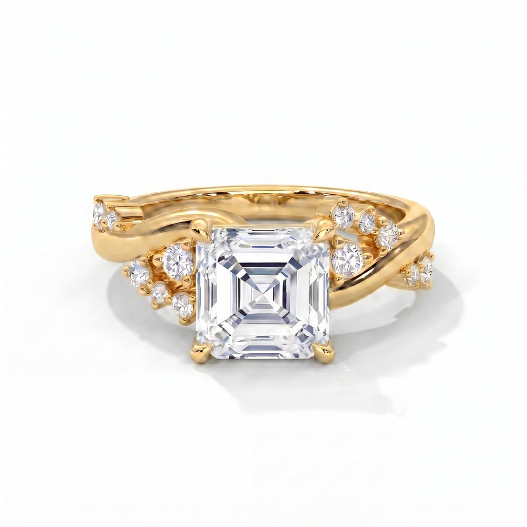 Eden Setting in 14K Yellow Gold with asscher-cut center stone and scattered diamond twisted band