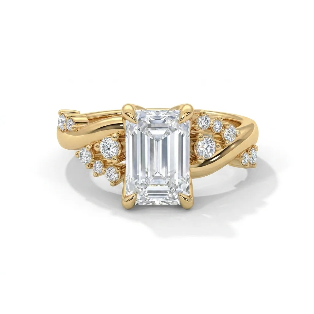 Eden Setting in 14K Yellow Gold with emerald-cut center stone and scattered diamond twisted band — front view