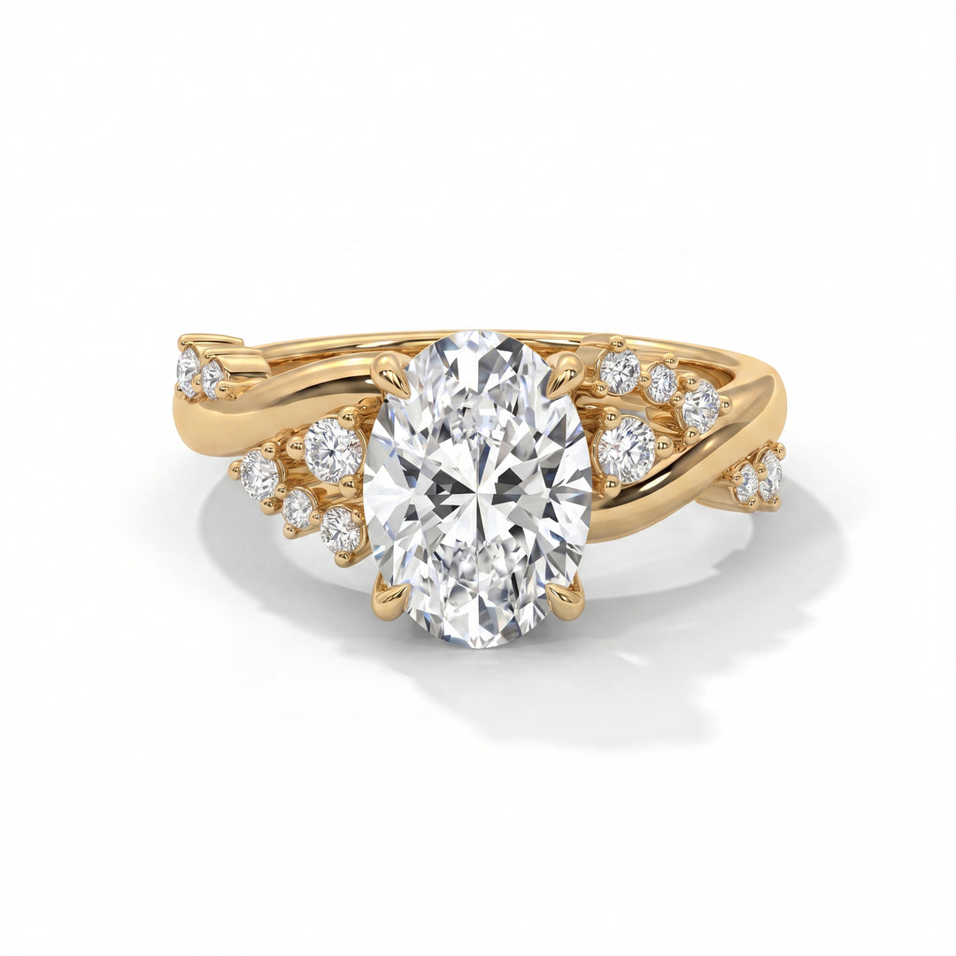 Eden Setting in 14K Yellow Gold with oval-cut center stone and scattered diamond twisted band