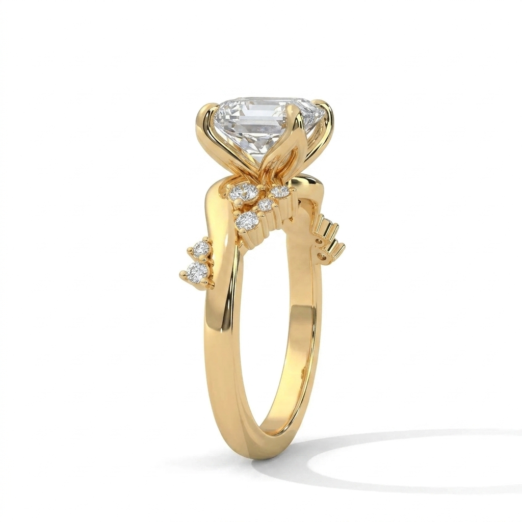 Eden Setting in 14K Yellow Gold with princess-cut center stone — isometric side profile view