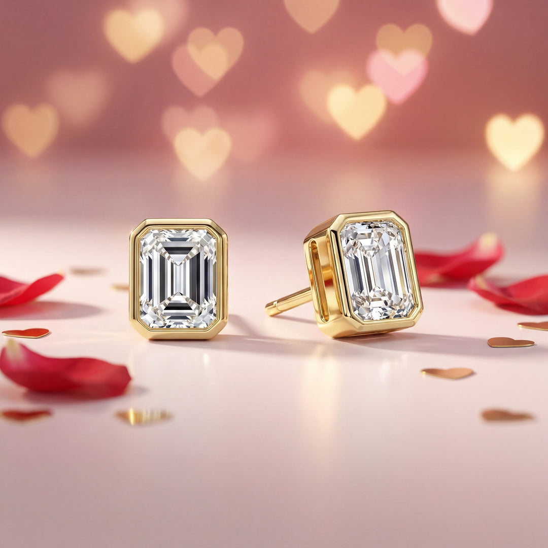 Emerald bezel lab grown diamond stud earrings set in 14K gold with a round bezel design
