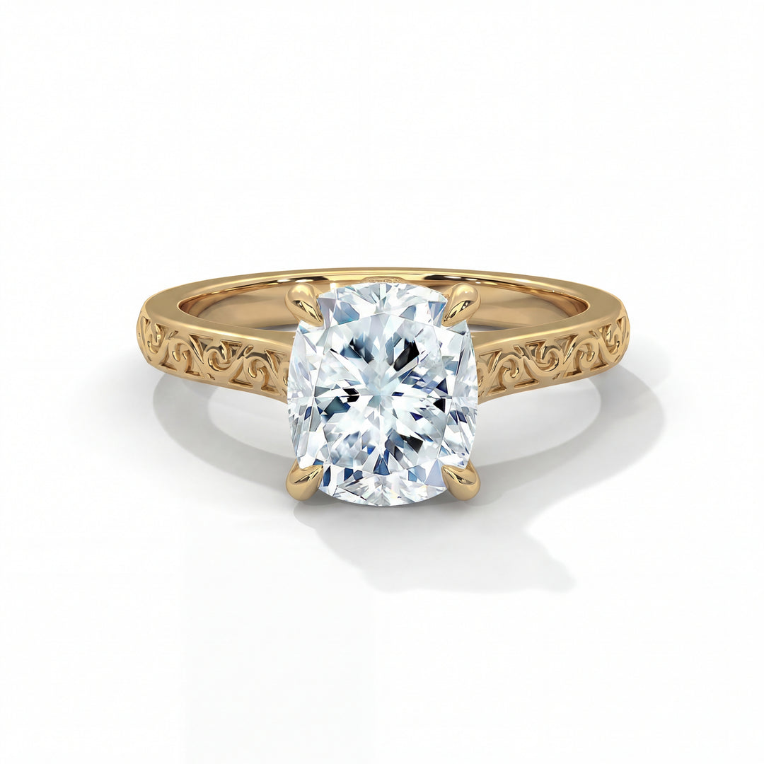 Gold ring with a large diamond on a white background