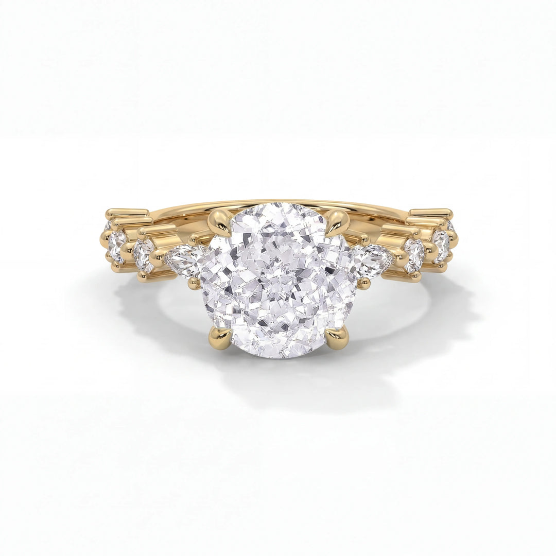 Gold ring with a large diamond and smaller diamonds on the band against a white background