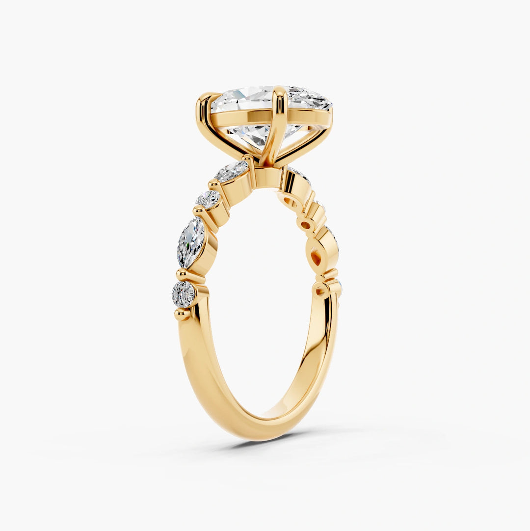 Oval yellow gold setting, angled view