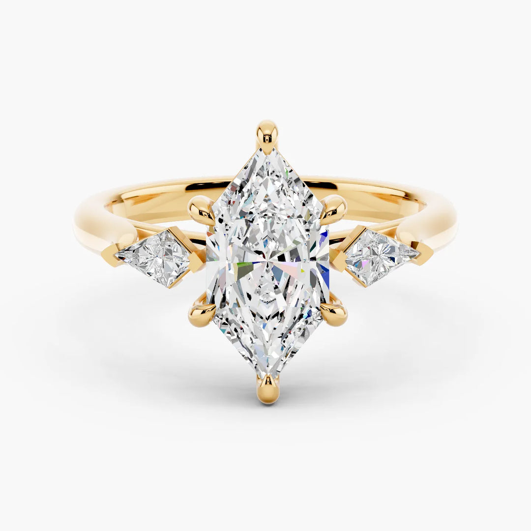Three Stones Kite Dutch Marquise cut engagement ring in yellow gold