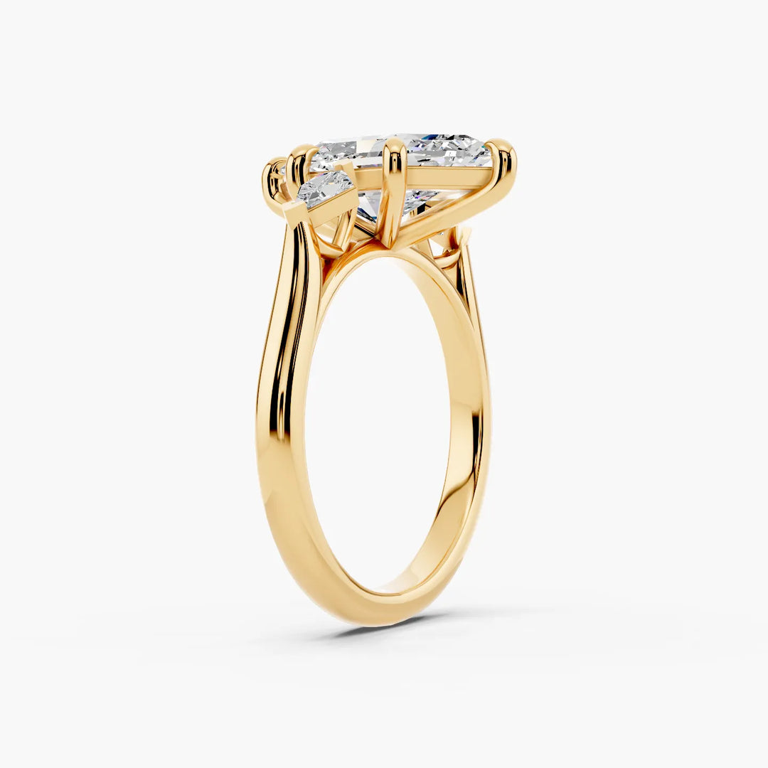 Three Stones Kite Dutch Marquise cut engagement ring in yellow gold persp