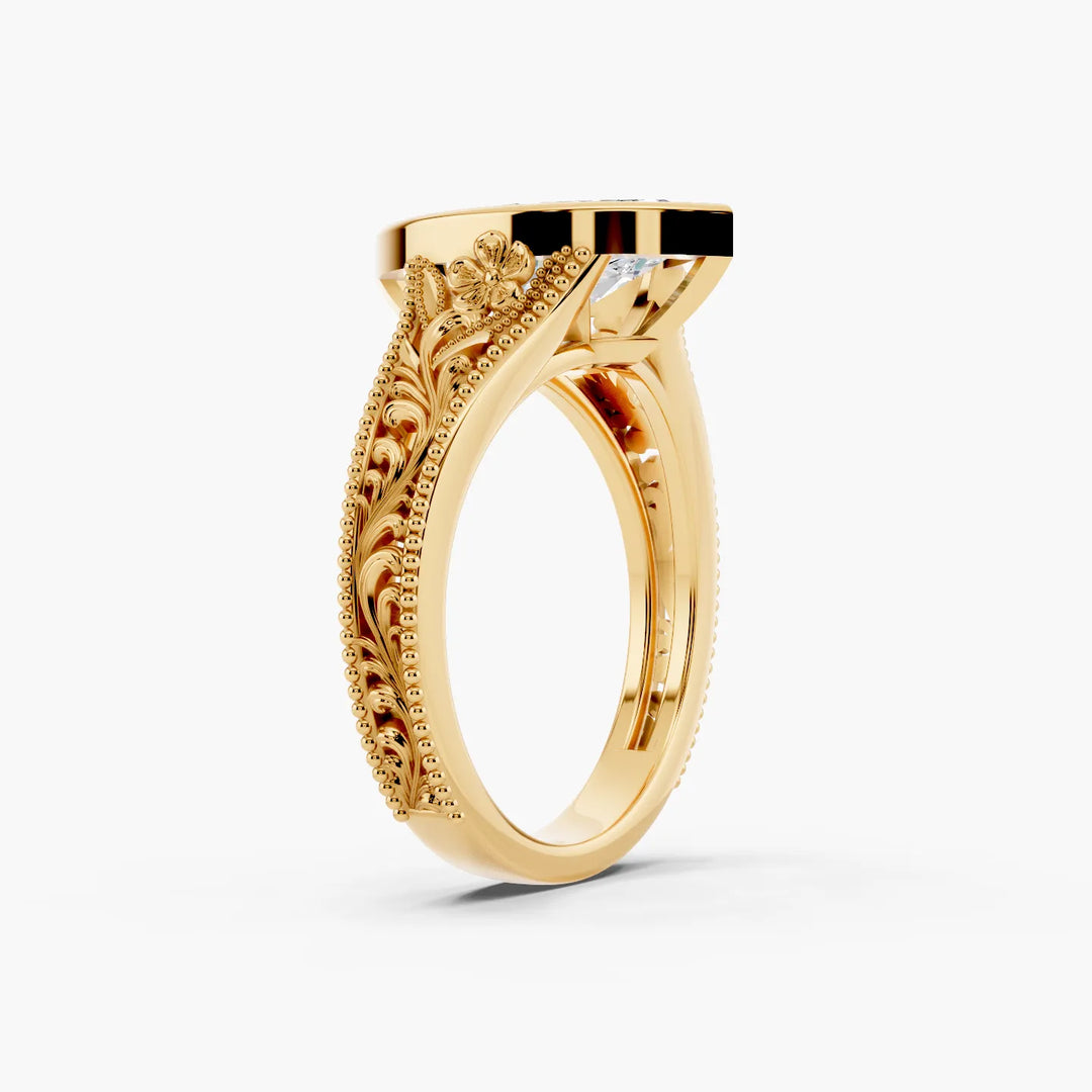 Sony Marquise cut engagement ring in yellow gold persp