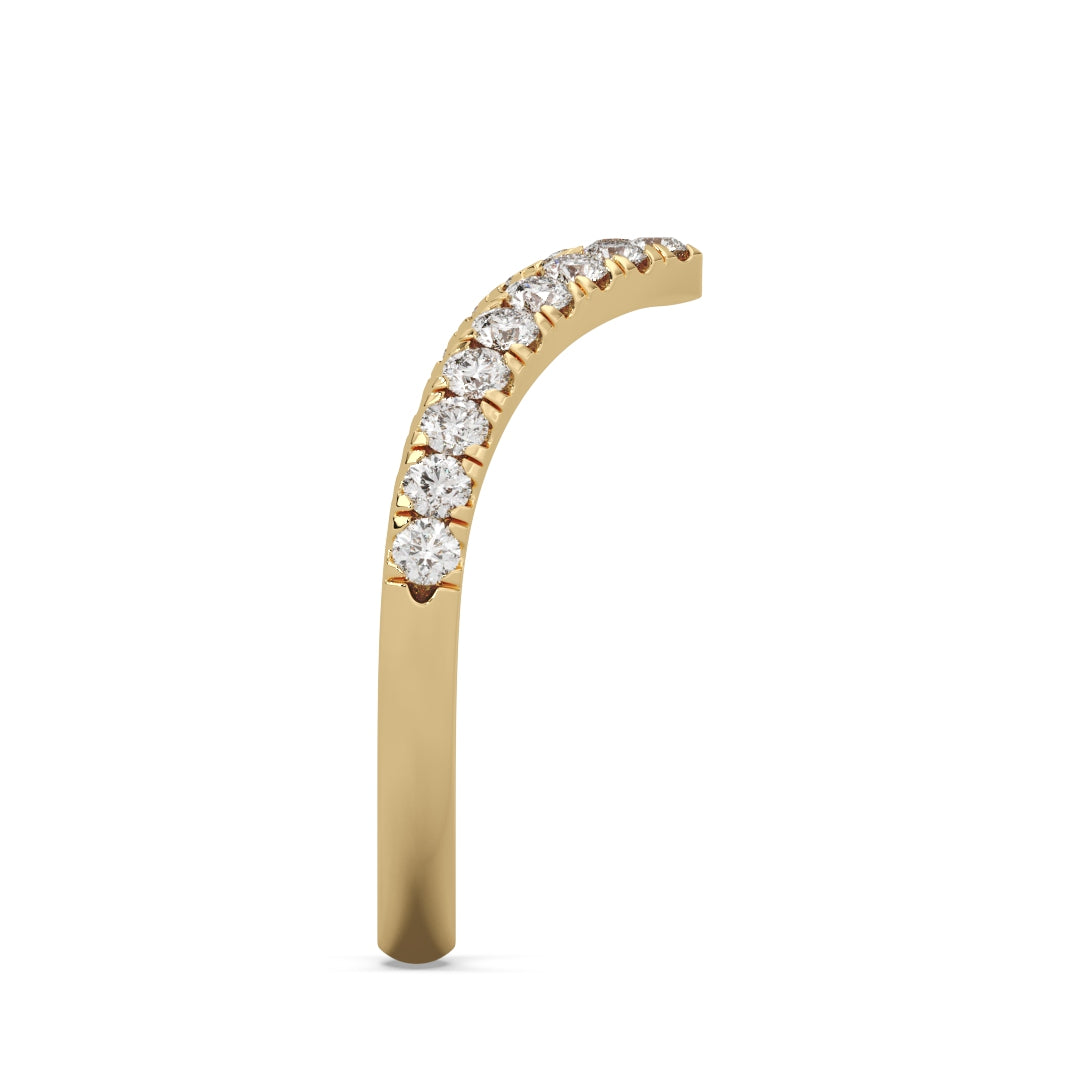 Elegant gold curved earring studded with sparkling diamonds against a white background, exuding luxury and sophistication.