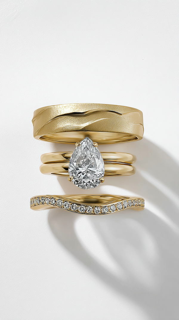 Pear-cut lab-grown diamond engagement ring with a hammered gold band and curved diamond band