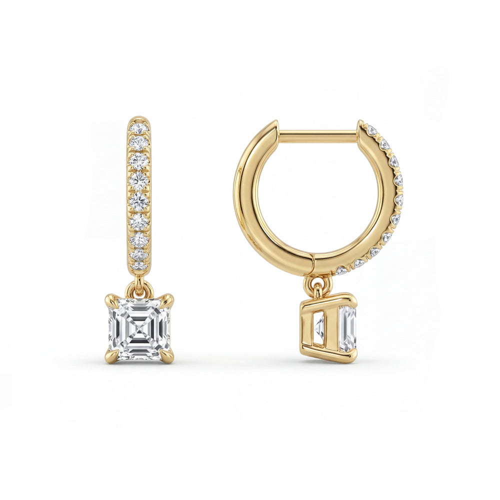 Asscher cut diamond pave hoop earrings in yellow gold. Dangle earrings featuring a square cut stone.