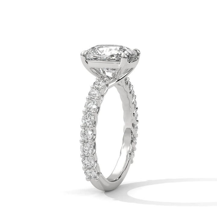 An elegant long cushion diamond engagement ring crafted in 14k white gold, highlighted by a bubble setting for a captivating 3D appearance.