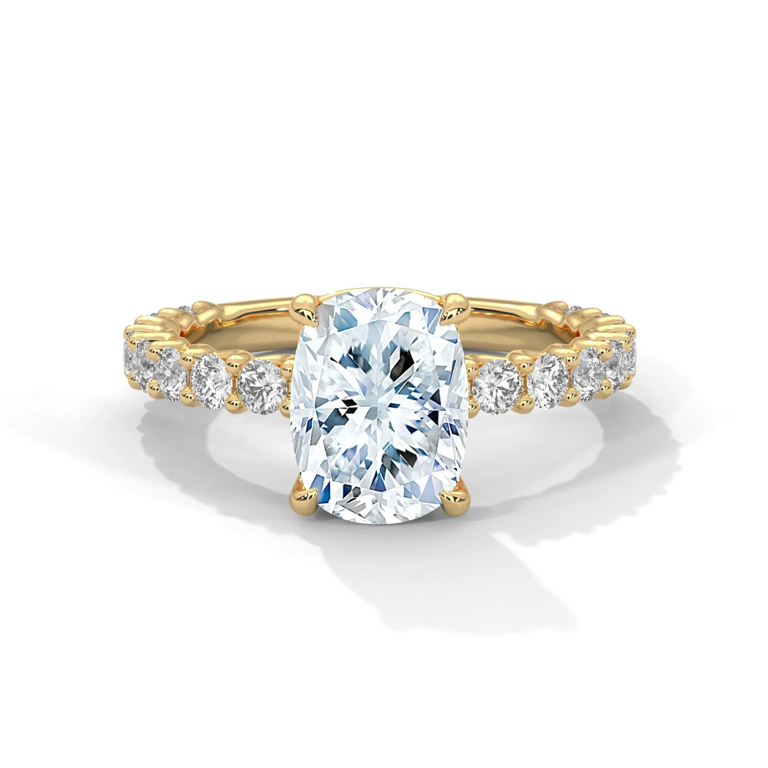 A stunning long cushion cut diamond engagement ring in a bubble setting, crafted from 14k yellow gold for a luxurious touch.