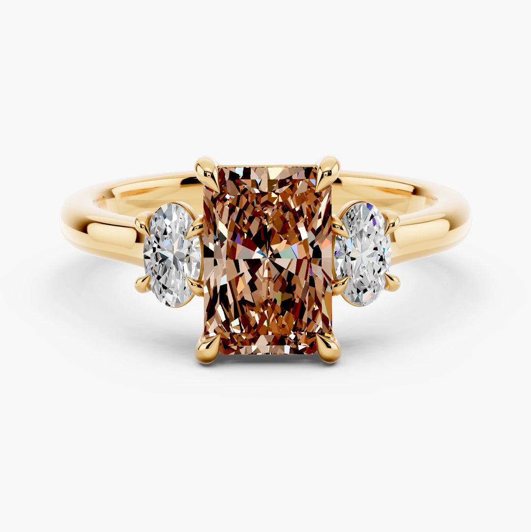 Celeste Oval Trilogy Champagne Setting Radiant cut engagement ring in 14k Yellow Gold