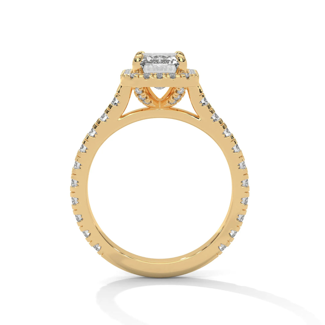 A stunning 14K yellow gold engagement ring adorned with a Crystal Setting of diamonds, showcasing exquisite craftsmanship and elegance.