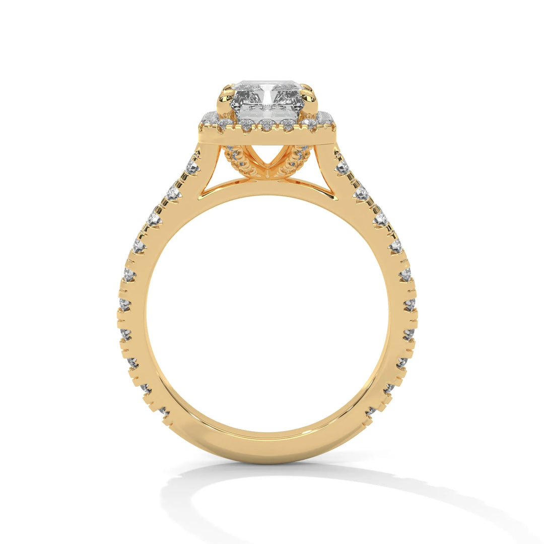 A stunning 14K yellow gold engagement ring adorned with a Crystal Setting of diamonds, showcasing exquisite craftsmanship and elegance.