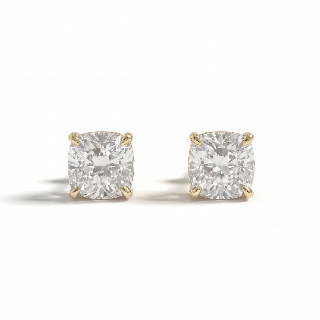 Cushion Diamond Stud Earrings Yellow Gold Front View