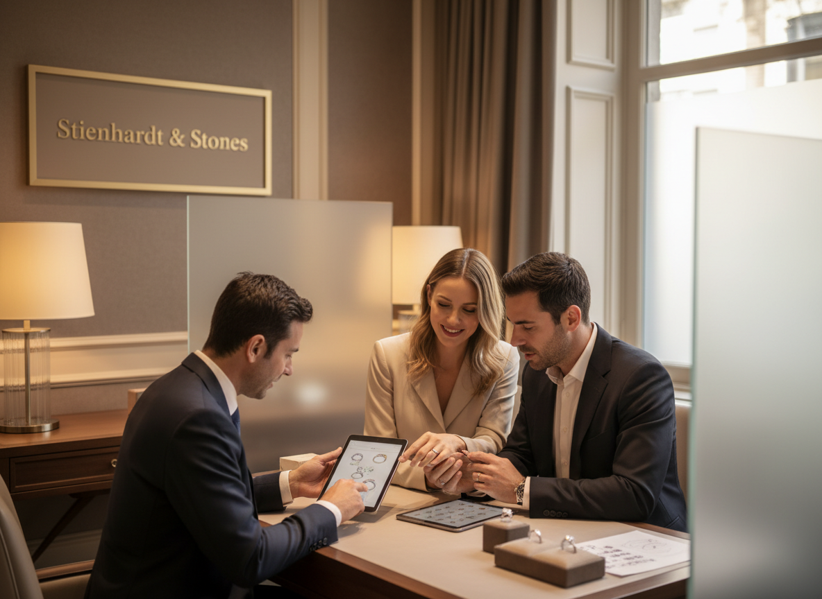 Couple reviewing a custom engagement ring design during a private jewelry consultation
