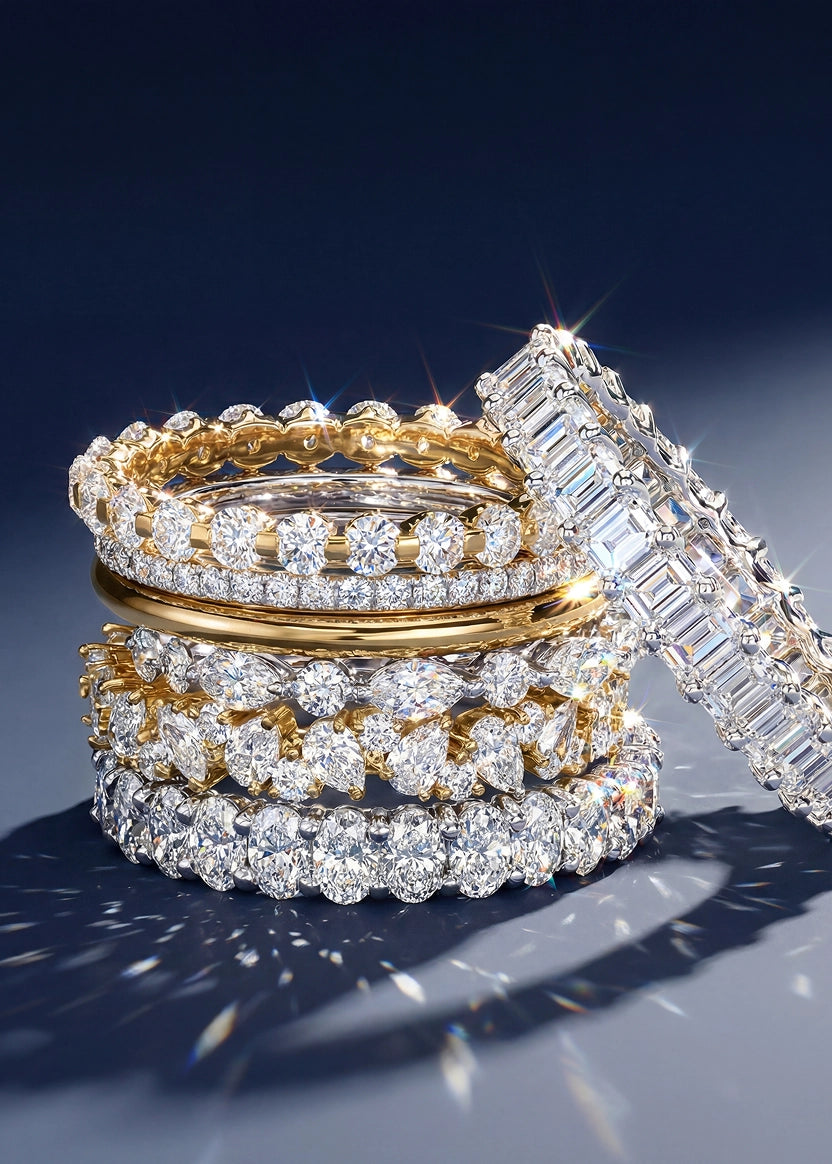 Stack of five luxurious diamond eternity bands featuring mixed cuts—round, emerald, and marquise diamonds set in yellow and white gold or platinum, sparkling brilliantly under bright light against a dark blue background.
