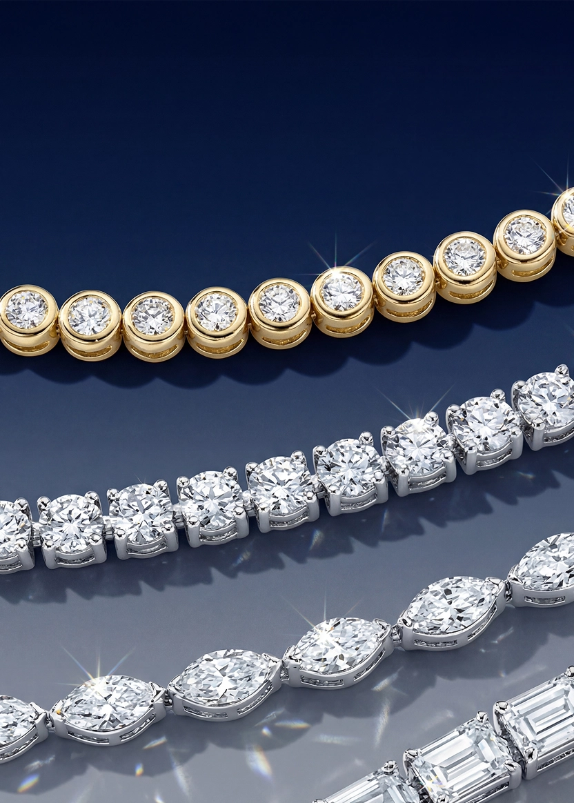 Stunning stack of four diamond tennis bracelets featuring round bezel-set in yellow gold, classic round prong-set, marquise-cut, and emerald-cut diamonds in white gold, sparkling brilliantly against a dark blue background.