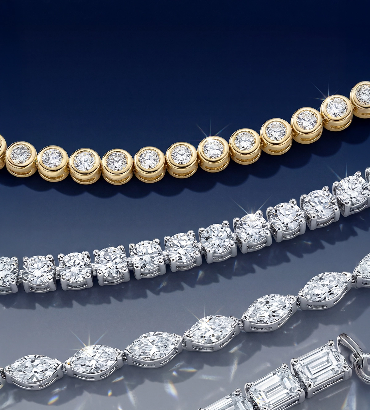 Stunning stack of four diamond tennis bracelets featuring round bezel-set in yellow gold, classic round prong-set, marquise-cut, and emerald-cut diamonds in white gold or platinum, sparkling brilliantly against a dark blue background.