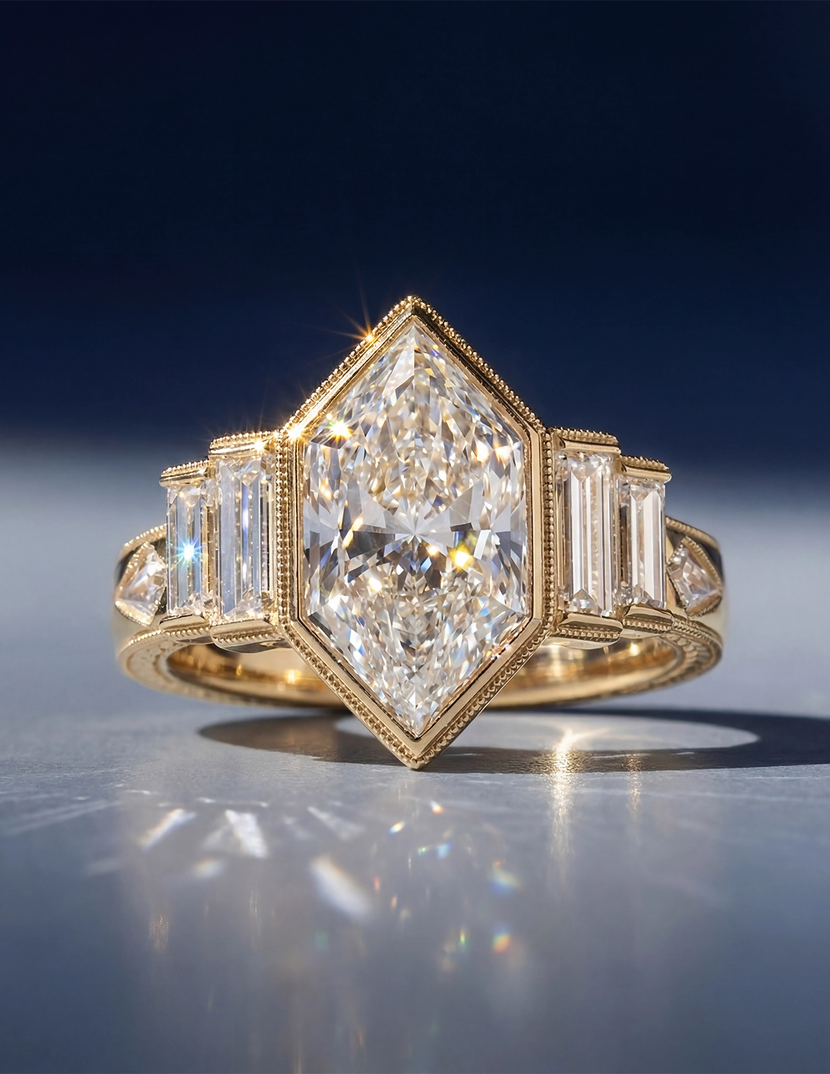 Vintage Dutch marquise geometric diamond engagement ring in yellow gold with tapered baguette side stones, close-up studio shot on reflective surface