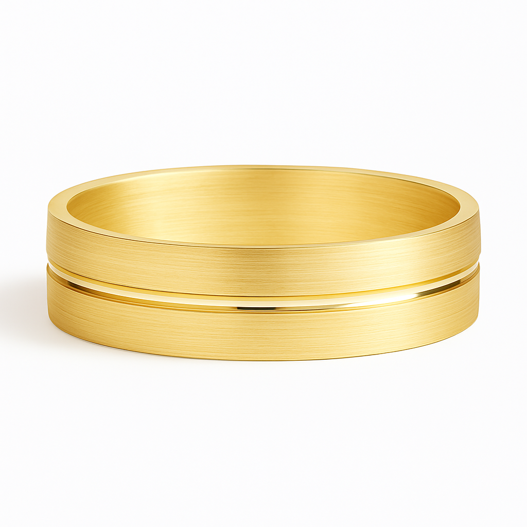 Elegant gold bracelet with a smooth, polished finish and subtle groove detail. The bracelet conveys a sense of luxury and simplicity.