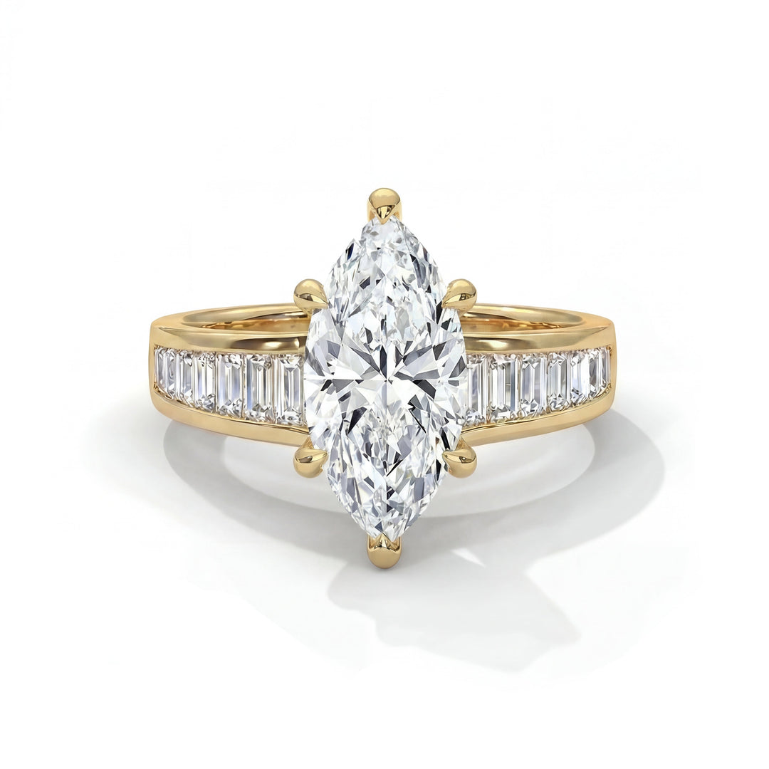 Elegant gold ring featuring a large marquise-cut diamond at the center, flanked by baguette diamonds on the band, exuding luxury and sophistication.