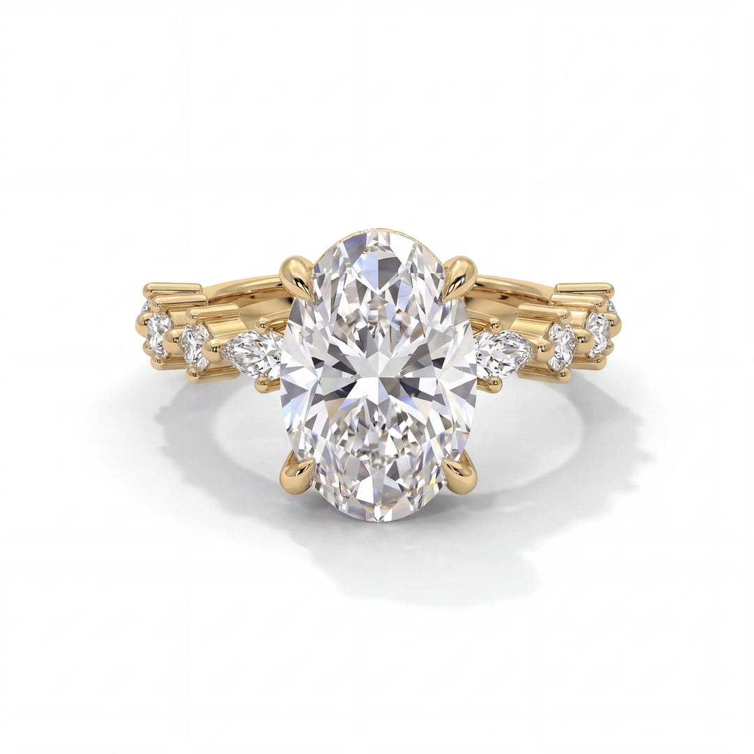 Elegant gold ring featuring a large oval diamond at the center, flanked by smaller round diamonds on the band, showcasing luxury and sophistication.