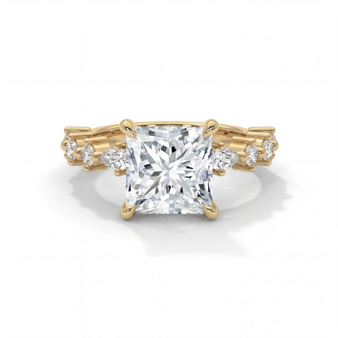 Elegant gold ring featuring a large, square-cut diamond flanked by smaller round diamonds, evoking luxury and sophistication.